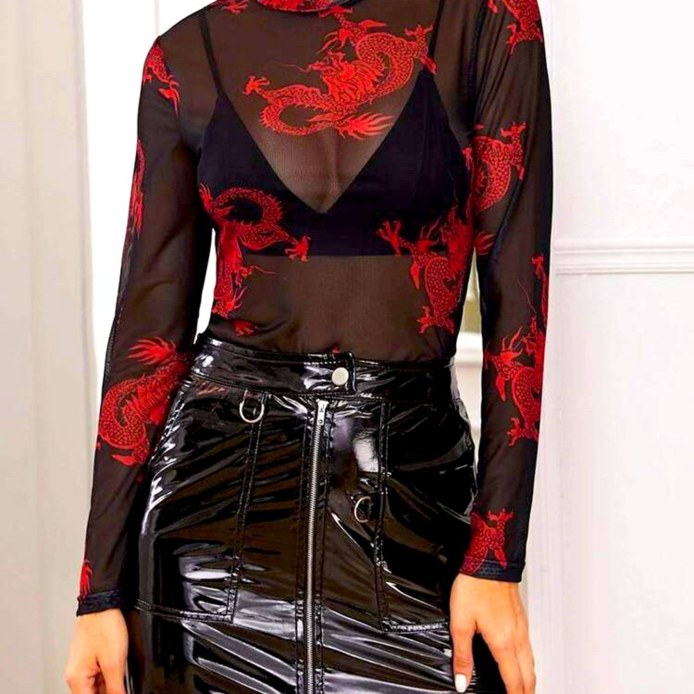 Dragon Print Sheer Mesh Top Without Bra XS